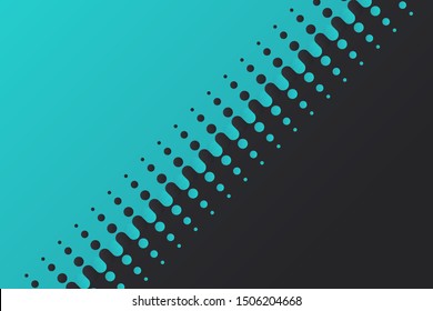 Halftone vector background divides blue and black spheres that gradually fade away.
