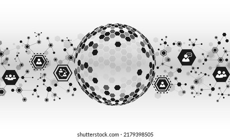 Halftone vector background frame for logos, icons people. Texture of hexagon connection. Symbol of sphere of destroyed cells, honeycomb. Digital network. Poster for technology, business, science.