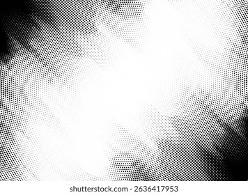 Halftone vector background with glitch tilt radial dot pattern. Dynamic composition with dense black edges and bright center fade.
