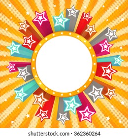 Halftone vector background with stars. Retro template frame for greeting cards, invitations, posters, flyer, gift, banners. Holiday vector magic design. EPS-10