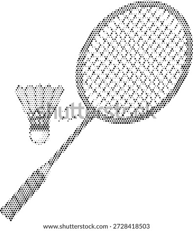 Halftone vector of a badminton racket and shuttlecock, representing sports competition, athletic hobbies, and active recreation.