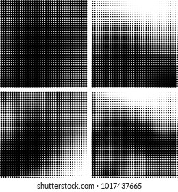 Halftone vector black white. Abstract pattern of dots on a white background. Collection of four textures for printing on business cards, labels, posters, badges and design your own