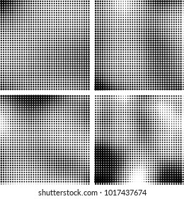 Halftone vector black white. Abstract pattern of dots on a white background. Collection of four textures for printing on business cards, labels, posters, badges and design your own