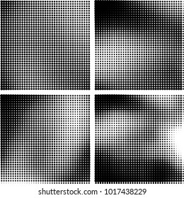 Halftone vector black white. Abstract pattern of dots on a white background. Collection of four textures for printing on business cards, labels, posters, badges and design your own