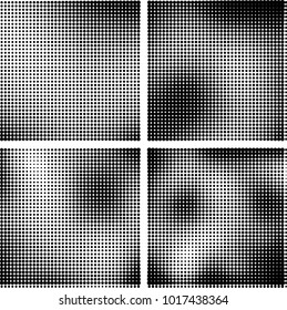 Halftone vector black white. Abstract pattern of dots on a white background. Collection of four textures for printing on business cards, labels, posters, badges and design your own