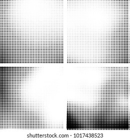 Halftone vector black white. Abstract pattern of dots on a white background. Collection of four textures for printing on business cards, labels, posters, badges and design your own