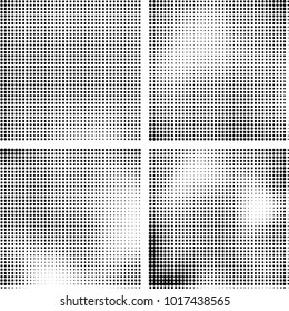Halftone vector black white. Abstract pattern of dots on a white background. Collection of four textures for printing on business cards, labels, posters, badges and design your own