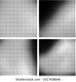 Halftone vector black white. Abstract pattern of dots on a white background. Collection of four textures for printing on business cards, labels, posters, badges and design your own