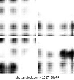 Halftone vector black white. Abstract pattern of dots on a white background. Collection of four textures for printing on business cards, labels, posters, badges and design your own