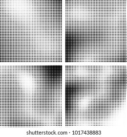 Halftone vector black white. Abstract pattern of dots on a white background. Collection of four textures for printing on business cards, labels, posters, badges and design your own