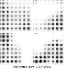 Halftone vector black white. Abstract pattern of dots on a white background. Collection of four textures for printing on business cards, labels, posters, badges and design your own