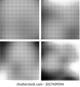 Halftone vector black white. Abstract pattern of dots on a white background. Collection of four textures for printing on business cards, labels, posters, badges and design your own