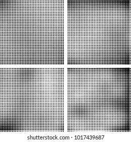 Halftone vector black white. Abstract pattern of dots on a white background. Collection of four textures for printing on business cards, labels, posters, badges and design your own