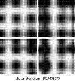 Halftone vector black white. Abstract pattern of dots on a white background. Collection of four textures for printing on business cards, labels, posters, badges and design your own
