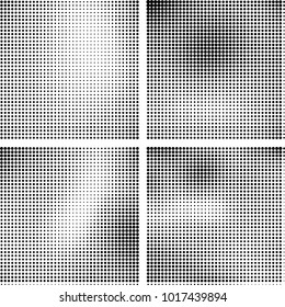 Halftone vector black white. Abstract pattern of dots on a white background. Collection of four textures for printing on business cards, labels, posters, badges and design your own