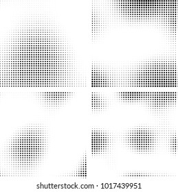 Halftone vector black white. Abstract pattern of dots on a white background. Collection of four textures for printing on business cards, labels, posters, badges and design your own