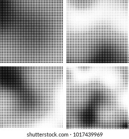Halftone vector black white. Abstract pattern of dots on a white background. Collection of four textures for printing on business cards, labels, posters, badges and design your own