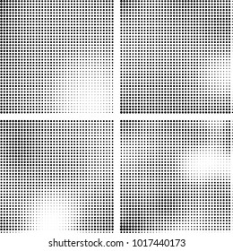 Halftone vector black white. Abstract pattern of dots on a white background. Collection of four textures for printing on business cards, labels, posters, badges and design your own