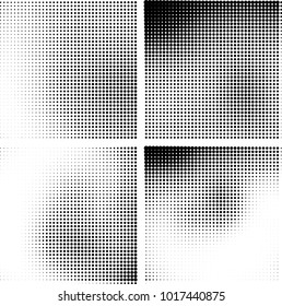 Halftone vector black white. Abstract pattern of dots on a white background. Collection of four textures for printing on business cards, labels, posters, badges and design your own
