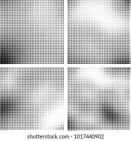 Halftone vector black white. Abstract pattern of dots on a white background. Collection of four textures for printing on business cards, labels, posters, badges and design your own