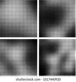 Halftone vector black white. Abstract pattern of dots on a white background. Collection of four textures for printing on business cards, labels, posters, badges and design your own