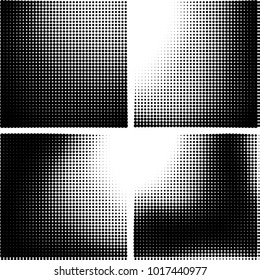 Halftone vector black white. Abstract pattern of dots on a white background. Collection of four textures for printing on business cards, labels, posters, badges and design your own