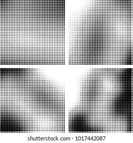 Halftone vector black white. Abstract pattern of dots on a white background. Collection of four textures for printing on business cards, labels, posters, badges and design your own