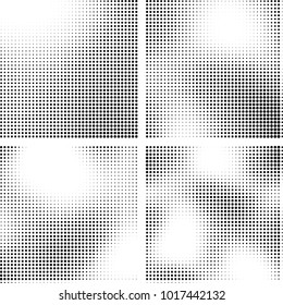 Halftone vector black white. Abstract pattern of dots on a white background. Collection of four textures for printing on business cards, labels, posters, badges and design your own