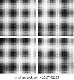 Halftone vector black white. Abstract pattern of dots on a white background. Collection of four textures for printing on business cards, labels, posters, badges and design your own