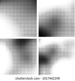 Halftone vector black white. Abstract pattern of dots on a white background. Collection of four textures for printing on business cards, labels, posters, badges and design your own