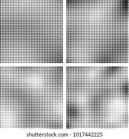 Halftone vector black white. Abstract pattern of dots on a white background. Collection of four textures for printing on business cards, labels, posters, badges and design your own