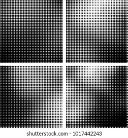 Halftone vector black white. Abstract pattern of dots on a white background. Collection of four textures for printing on business cards, labels, posters, badges and design your own
