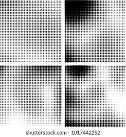 Halftone vector black white. Abstract pattern of dots on a white background. Collection of four textures for printing on business cards, labels, posters, badges and design your own