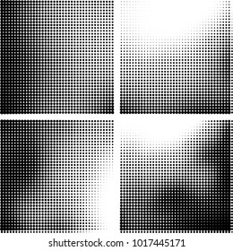 Halftone vector black white. Abstract pattern of dots on a white background. Collection of four textures for printing on business cards, labels, posters, badges and design your own