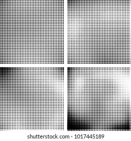 Halftone vector black white. Abstract pattern of dots on a white background. Collection of four textures for printing on business cards, labels, posters, badges and design your own