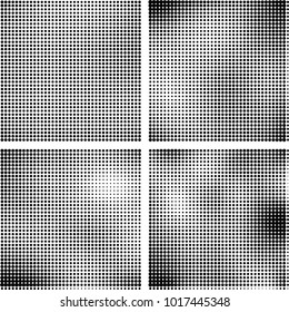 Halftone vector black white. Abstract pattern of dots on a white background. Collection of four textures for printing on business cards, labels, posters, badges and design your own