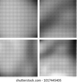 Halftone vector black white. Abstract pattern of dots on a white background. Collection of four textures for printing on business cards, labels, posters, badges and design your own