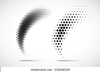 Halftone vector circle dots gradient pattern isolated on white background. Curve dotted spots using halftone dot raster texture.  Blot half tone collection. 