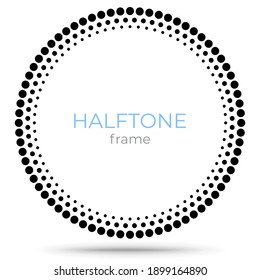 Halftone vector circle frame dots logo emblem, design element for digital devices, medical, treatment, cosmetic. Round border Icon using halftone circle dots raster texture. Vector isolated on white.
