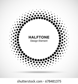 Halftone Vector Circle Frame Dots Logo Emblem, Design Element For Medical, Treatment, Cosmetic. Round Border Icon Using Halftone Circle Dots Raster Texture.