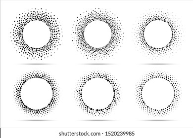 Halftone vector circular dotted frames set. Circle dots isolated on the white background. Logo design element for medical, treatment, cosmetic. Round border using halftone circle dots texture.