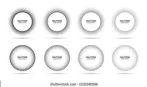 Halftone vector circular dotted frames set. Circle dots isolated on the white background. Logo design element for medical, treatment, cosmetic. Round border using halftone circle dots texture.