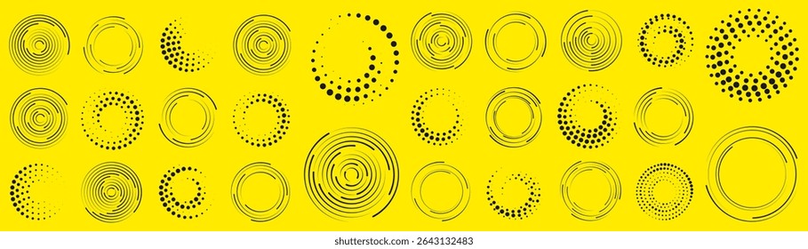 Halftone vector with circular pattern swirl motion art modern fast techno element abstract dotted line decoration style shape round set comic design futuristic dynamic website cover icon