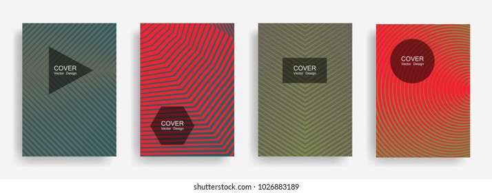 Halftone vector cover template with lines, triangle circle hexagon title places. Vector journal design geometric shape background set. Unique halftone lines hipster covers abstract collection.