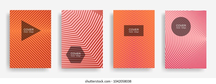 Halftone vector cover template with lines, triangle circle hexagon title places. Vector journal design geometric shape background set. Trendy halftone lines hipster brochures abstract collection.