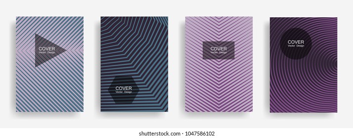Halftone vector cover template with lines, triangle circle hexagon title places. Vector journal design geometric shape background set. Futuristic halftone lines hipster banners abstract collection.