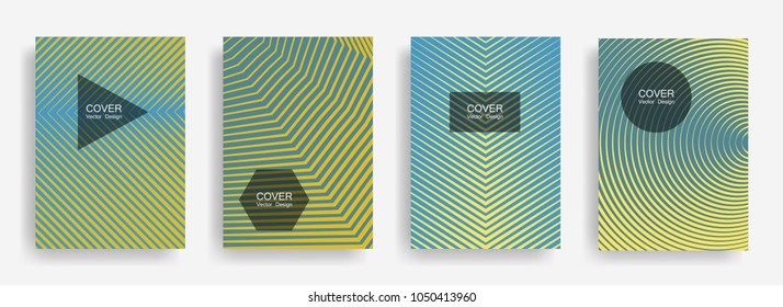 Halftone vector cover template with lines, triangle circle hexagon title places. Vector journal design geometric shape background set. Flat halftone lines hipster banners abstract collection.