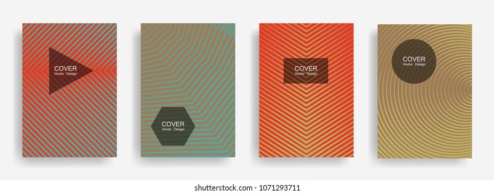 Halftone vector cover template with lines, triangle circle hexagon title places. Vector journal design geometric shape background set. Flat halftone lines hipster advertising flyers set.