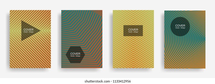 Halftone vector cover template with lines, triangle circle hexagon title places. Vector journal design geometric shape background set. Hipster halftone lines hipster advertising flyers set.