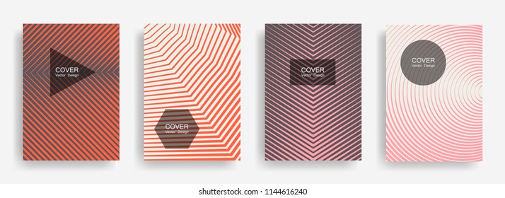Halftone vector cover template with lines, triangle circle hexagon title places. Vector journal design geometric shape background set. Tech halftone lines hipster advert flyers collection.